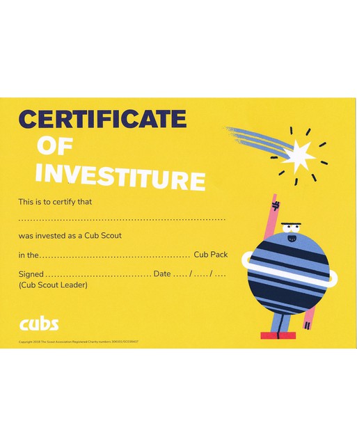 Badges – Cubs Certificate of Investiture (Pack of 10)